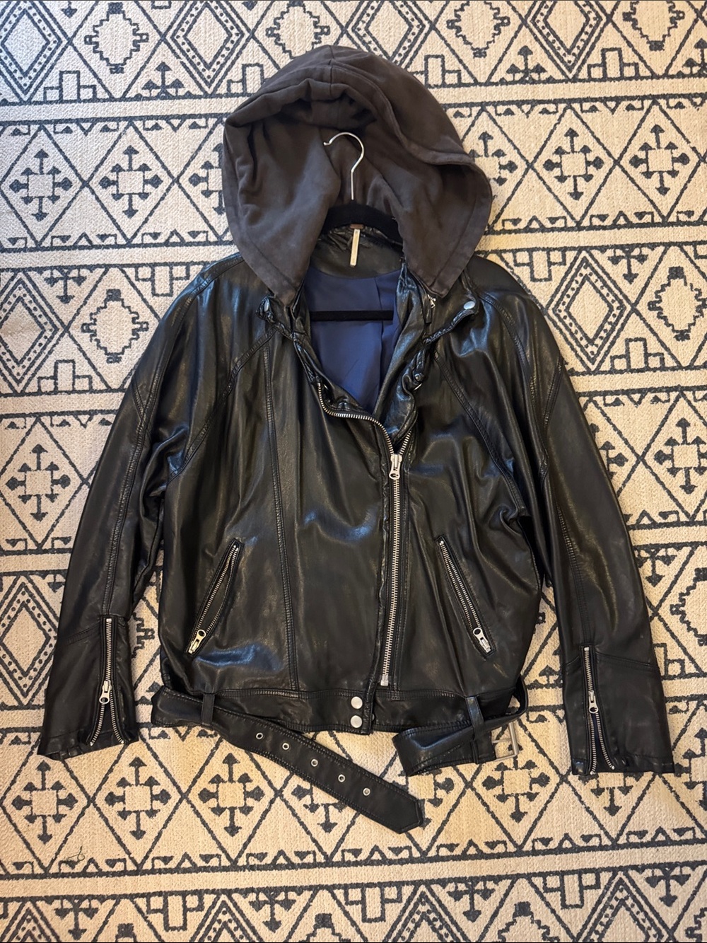 Free People Black Faux Leather Moto Jacket with Navy Lining and Removable Hood